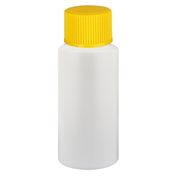 PET cilinderfles 20ml wit met schroefsluiting geel