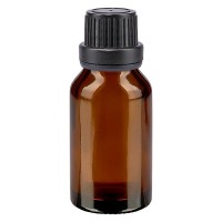 Bruine glazen fles 15ml met zwart schroefsluiting dicht. VR Bruine glazen fles 15ml met zwart schroefsluiting dicht. VR