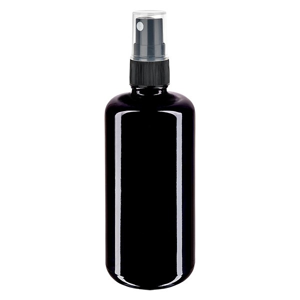 Fles van violet glas 100 ml met pompverstuiver zwart