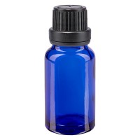 Blauwe glazen flessen 10ml met zwart sluiting OV Blauwe glazen flessen 10ml met zwart sluiting OV