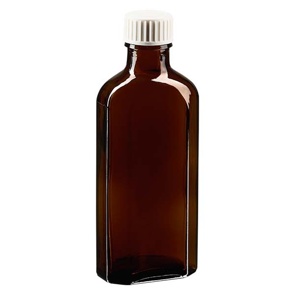 Flasque brune de 100 ml au goulot DIN 22, avec bouchon à vis DIN 22 blanc en PP
