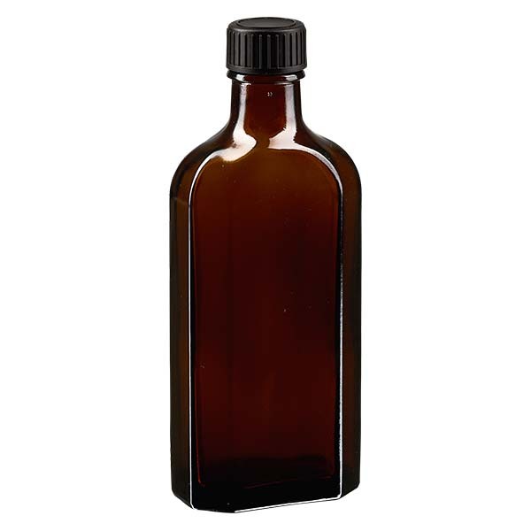 150 ml bruine meplatfles met DIN 22 monding, inclusief schroefsluiting DIN 22 zwart van LKD