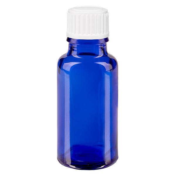 Blauwe glazen flessen 20ml met wit 0.8mm druppelstop St