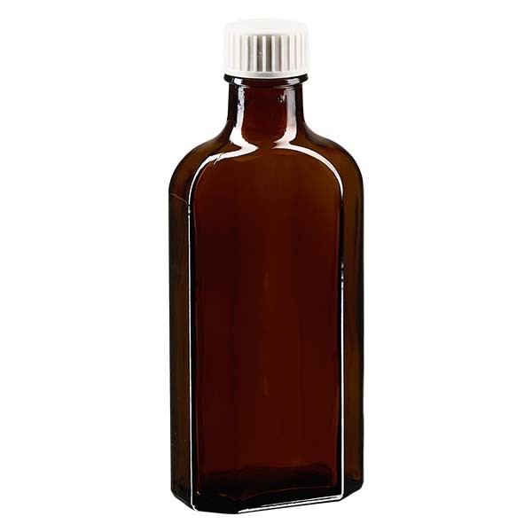 Flasque brune de 125 ml au goulot DIN 22, avec bouchon à vis DIN 22 blanc en PP et joint mousse en PE