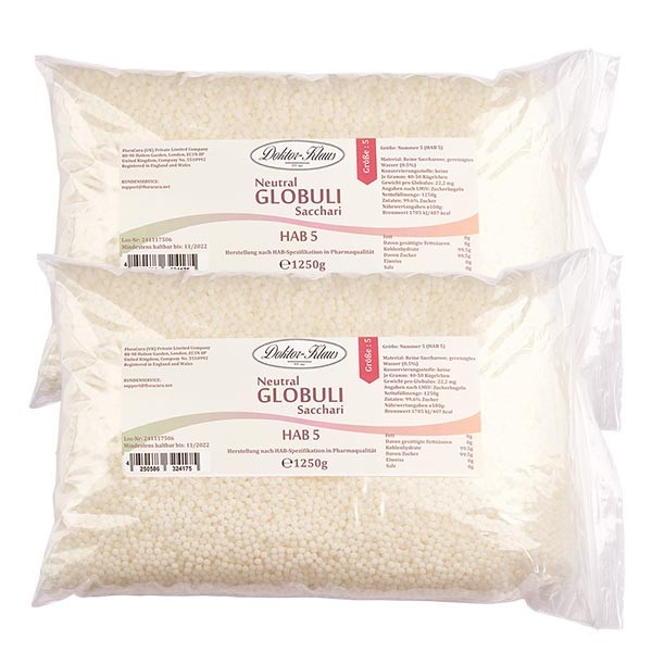 Offre spéciale : 2,5kg globules neutres HAB5, 100 % pure saccharose (2 x 1,25 kg)