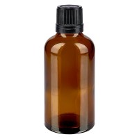 Bruine glazen fles 50ml met zwart druppelsluiting 1mm VR Bruine glazen fles 50ml met zwart druppelsluiting 1mm VR