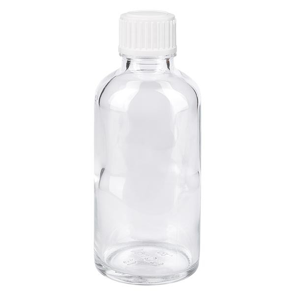 Helder glazen flessen 50ml met wit druppelsluiting 0.8mm St