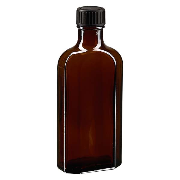 Flasque brune de 125 ml au goulot DIN 22, avec bouchon à vis DIN 22 noir au joint LKD