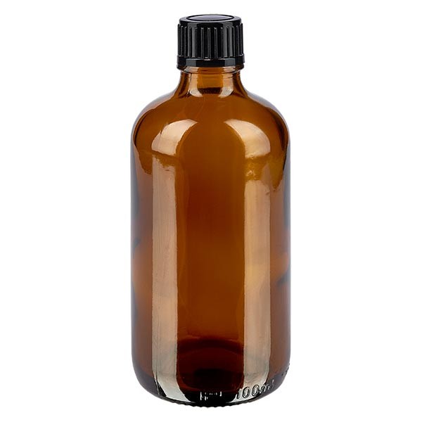 Bruine glazen fles 100ml met zwart druppelsluiting 1mm St