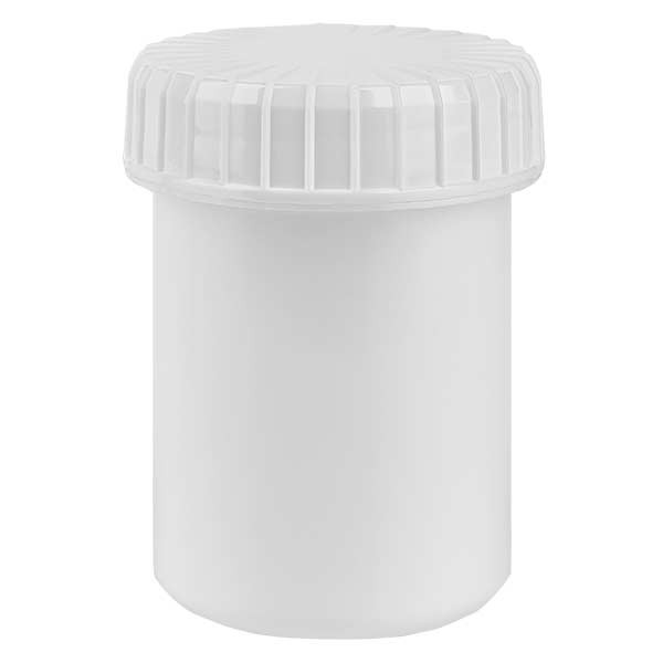 Pot en plastique blanc 40 ml + couvercle à vis blanc strié en PE, fermeture standard