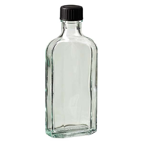 Flasque transparente de 125 ml au goulot DIN 22, avec bouchon à vis DIN 22 noir et joint PEE