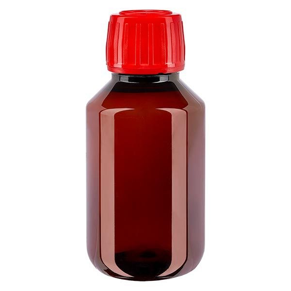Flacon médical de 100 ml en PET, avec bouchon à vis rouge PP28