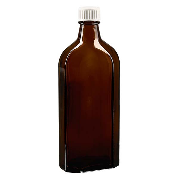 Flasque brune de 250 ml au goulot DIN 22, avec bouchon à vis DIN 22 blanc en PP et joint mousse en PE
