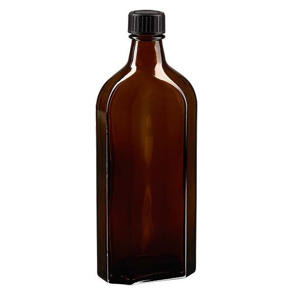 Flasque brune de 250 ml au goulot DIN 22, avec bouchon à vis DIN 22 noir au joint LKD