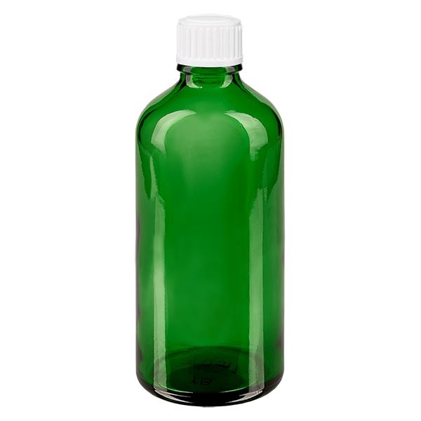 Groenen glazen flessen 100ml met wit schroefsluiting globuli uitgietring St