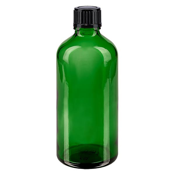 Flacon pharmaceutique vert 100 ml bouchon compte-gouttes 1 mm noir standard