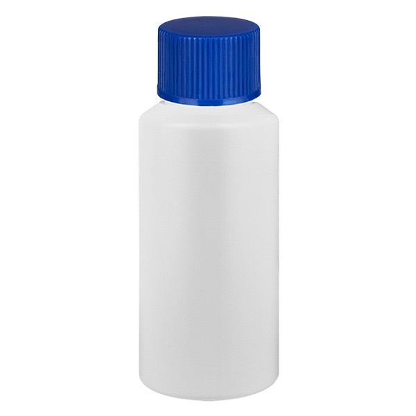 PET cilinderfles 30ml wit met schroefsluiting blauw