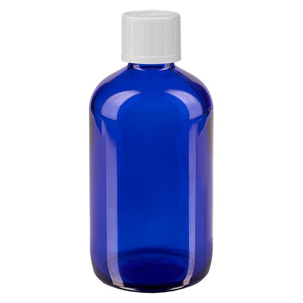 Blauwe glazen flessen 100ml met wit schroefsluiting kinderslot St