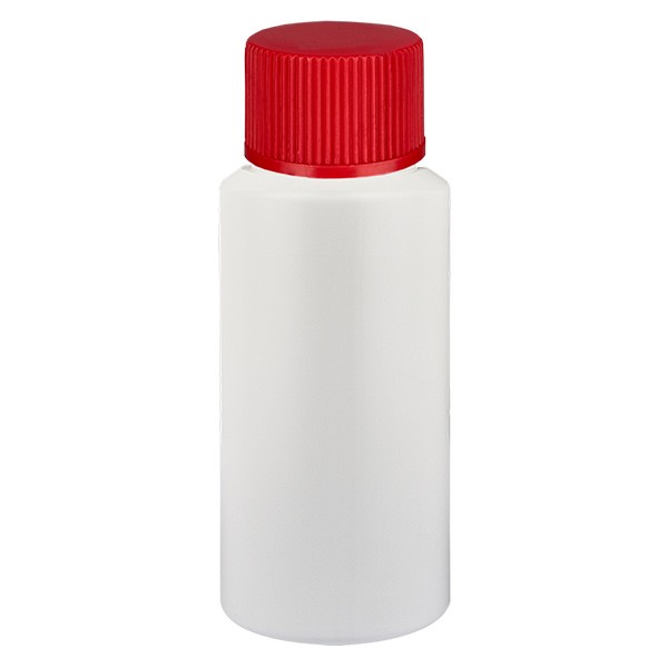 PET cilinderfles 20ml wit met schroefsluiting rood