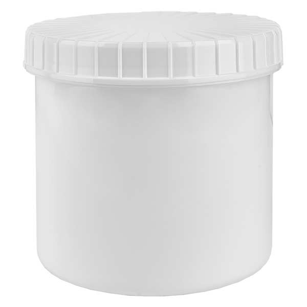 Pot en plastique blanc 375 ml + couvercle à vis blanc strié en PE, fermeture standard