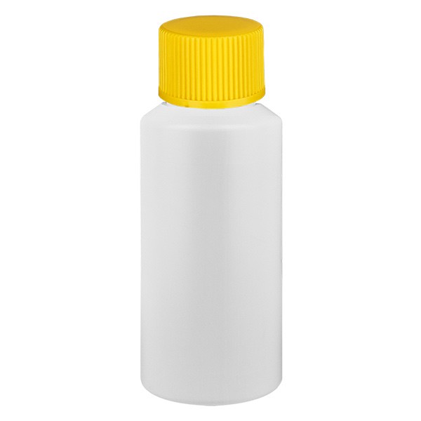 PET cilinderfles 30ml wit met schroefsluiting geel