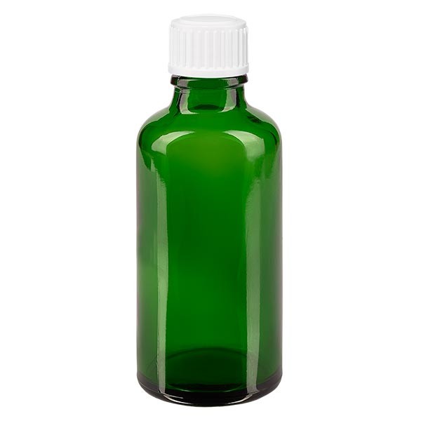 Groenen glazen flessen 50ml met wit schroefsluiting globuli uitgietring St