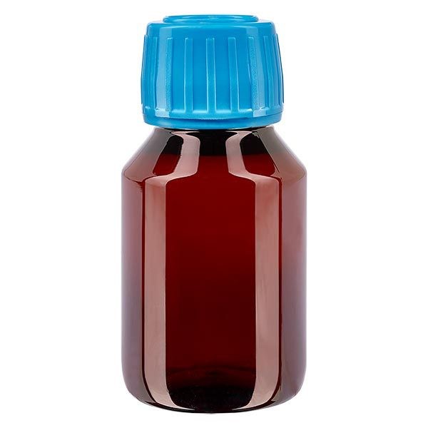 PET medicijnfles 50ml bruin (Veral fles) PP28, met blauw OV