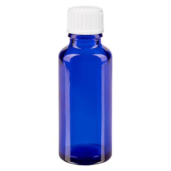 Flacon pharma. bleu 30 ml bouch. à vis blanc globules st