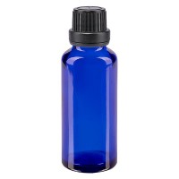 Blauwe glazen flessen 30ml met zwart druppelsluiting 2mm VR Blauwe glazen flessen 30ml met zwart druppelsluiting 2mm VR