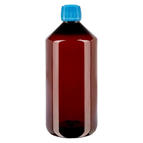 Flacon médical de 1000 ml en PET, avec bouchon à vis bleu PP28