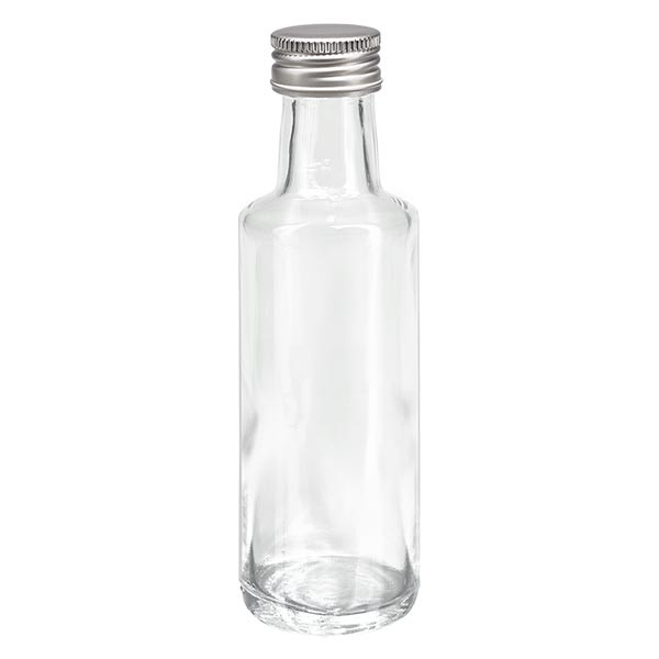 100 ml likeurfles rond helder glas incl. aluminium schroefsluiting zilver (PP 24 mm)