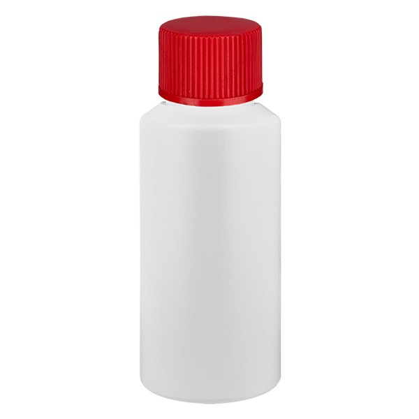 PET cilinderfles 30ml wit met schroefsluiting rood