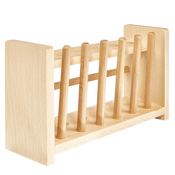 Porte-tubes à essai en bois, pour 6 tubes jusqu&#039;à env. Ø18 mm, avec 6 tiges