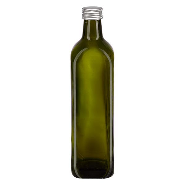 Bouteille d&#039;huile 750 ml carrée, vert olive + capsule à vis en aluminium argenté (PP 31,5 mm)