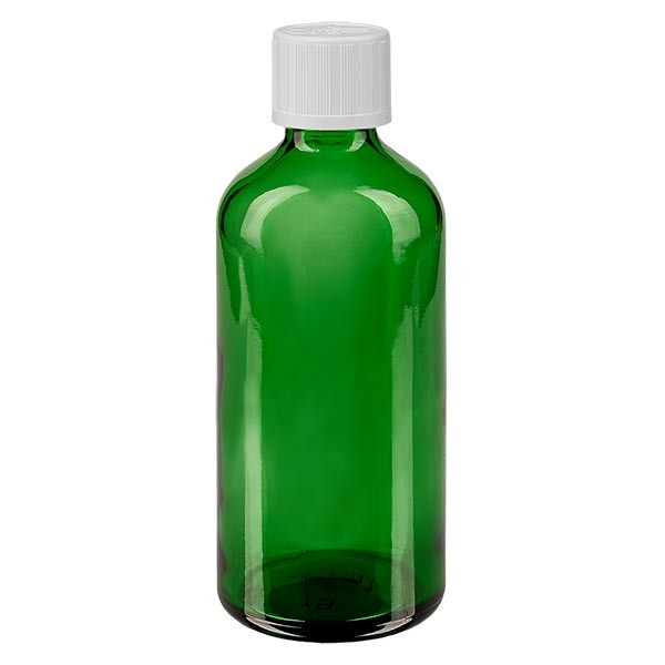 Flacon pharmaceutique vert 100 ml bouchon á vis blanc séc. enf. standard