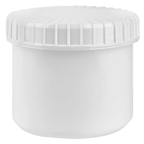 Pot en plastique blanc 135 ml + couvercle à vis blanc strié en PE, fermeture standard