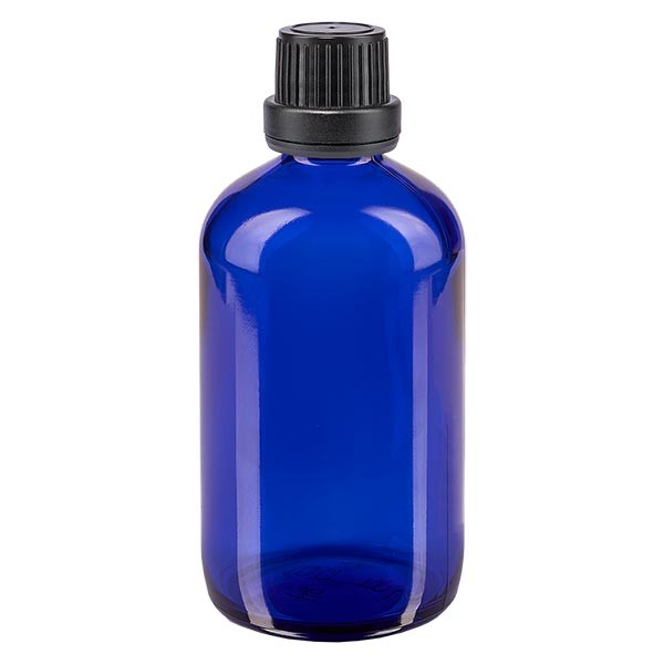 Blauwe glazen flessen 100ml met zwart schroefsluiting dicht. VR