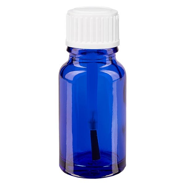 Blauwe glazen flessen 10ml, wit schroefsluiting met kwastje VR