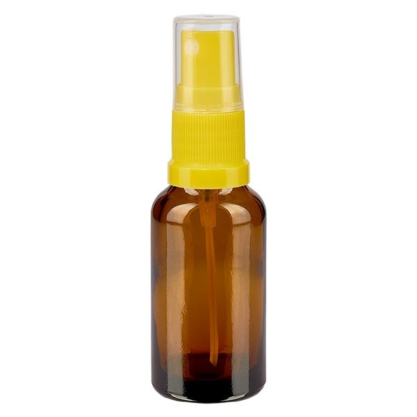 Flacon compte-gouttes ambré 20 ml avec vaporisateur à pompe jaune