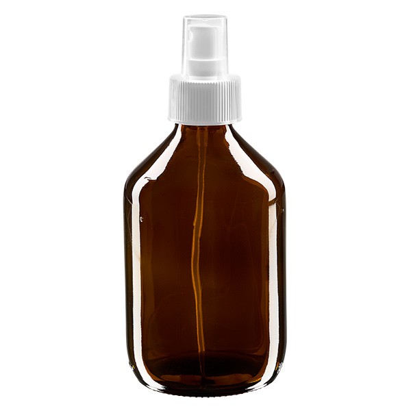 Flacon médical Euro de 300 ml brun avec vaporisateur blanc, capuchon transparent inclus