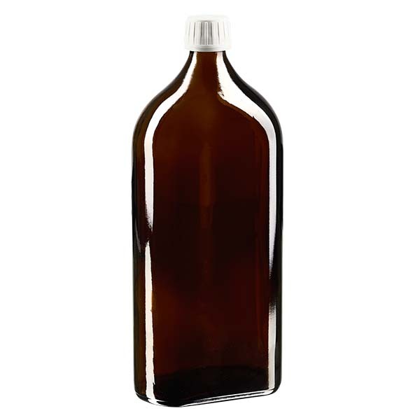 Flasque brune de 1 000 ml au goulot PP 28, avec bouchon à vis PP 28 blanc, joint en PEE et système d’inviolabilité