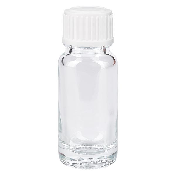 Flacon pharma. clair 10 ml bouch. à vis blanc globules st