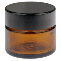 Glazen pot, bruin 15ml, met zwart bakelieten deksel Glazen pot, bruin 15ml, met zwart bakelieten deksel