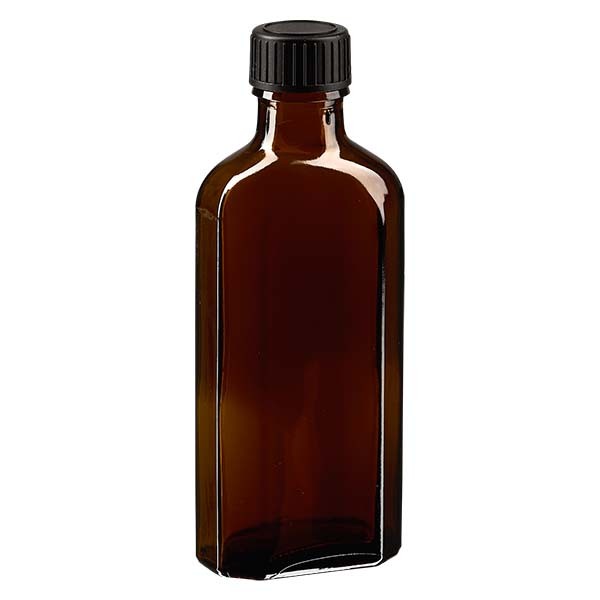 Flasque brune de 100 ml au goulot DIN 22, avec bouchon à vis DIN 22 noir au joint LKD