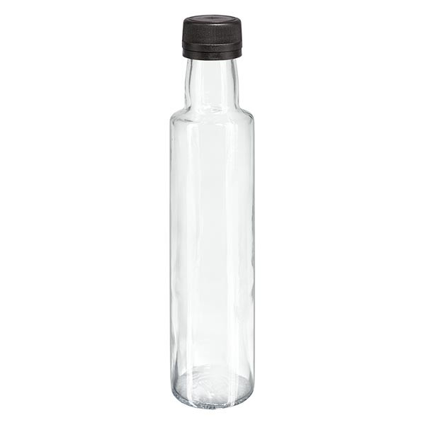 250 ml likeurfles rond helder glas incl. schroefsluiting zwart (PP 31,5 mm) met uitgietring met garantiesluiting (OV)