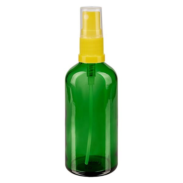 Groenen glazen flessen 100ml met geel pompverstuiver