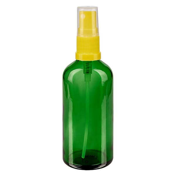 Flacon compte-gouttes vert 100 ml, DIN18 avec spray