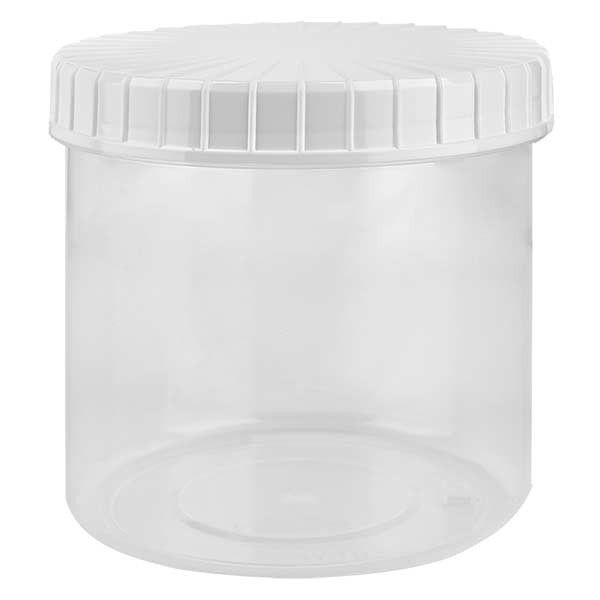 Pot en plastique transparent 375 ml + couvercle à vis blanc strié en PE, fermeture standard