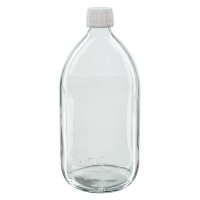 1000 ml Euro medicijnfles helder met witte schroefsluiting met garantiesluiting (OV) met PTFE inzet 1000 ml Euro medicijnfles helder met witte schroefsluiting met garantiesluiting (OV) met PTFE inzet