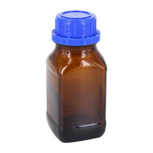100 ml vierkante fles met wijde hals bruin glas, incl. schroefsluiting VR DIN32 blauw met EPE-tussenlaag
